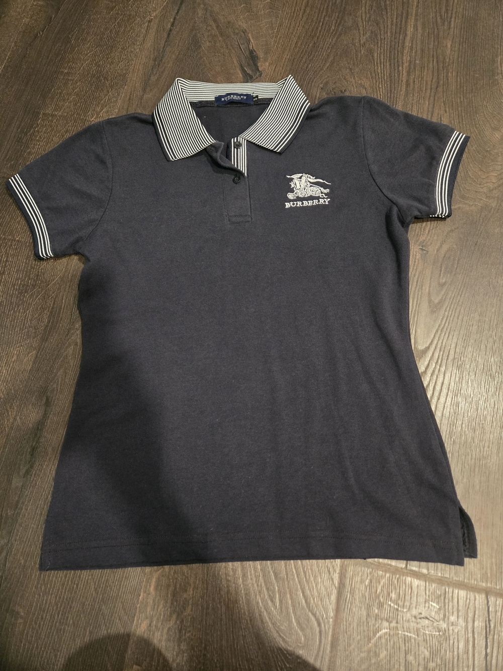 Burberry London Navy Blue Polo Shirt Striped Collar Large Knight Logo S